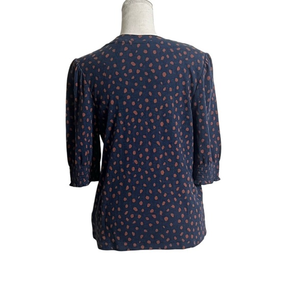 LUCKY BRAND Navy w/ Orange Polkadots Knit Blouse w/ Puff Sleeves Women’s Size L - Picture 5 of 11